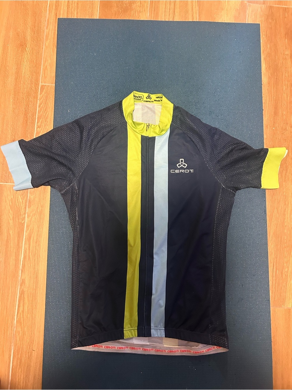 Men’s Black Cycling Jersey with Lime & Light Blue Stripes